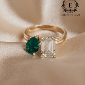 14K Gold Toi Et Moi Engagement Ring | Green Pear and Emerald Cut Moissanite Two-Stone Design Ring | Double Stone Anniversary Promise Gift