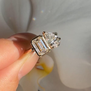 Pear and Emerald Cut Moissanite Toi Et Moi Ring | 14K Yellow Gold Bezel Set Engagement Ring | Modern Dual Stone Statement Ring for Her