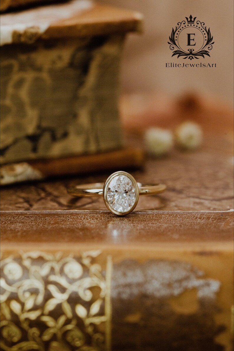 Oval Moissanite Solitaire Engagement Ring | 18K Gold Bezel Set Ring ...