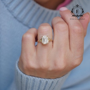 1.50 CT Emerald Cut Moissanite Ring | Split Shank Solitaire Engagement Ring | Emerald Cut Diamond Look Ring | Dainty Moissanite Ring