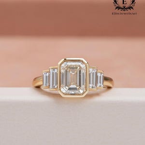 1.5 CT Emerald Cut Diamond Engagement Ring | Bezel Set Art Deco Ring with Baguette Diamonds | Vintage Style | Unique Bridal Jewelry