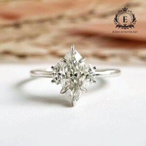 2.25 CT Moissanite Three Stone Ring | Marquise Accent Moissanite Engagement Ring | Trogolity Style Statement Ring | Unique Solid Gold Ring