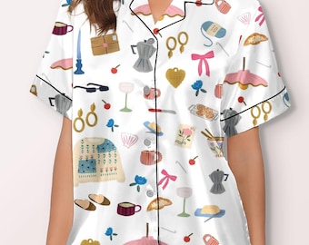 Pastel Pajama Set – Satin Sleepwear with Everyday Object Print