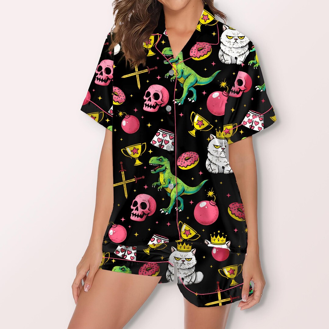 Chaos Cute Pajamas Set – Funny Cat T-rex Skull Sleepwear, Edgy Cute ...