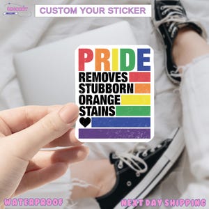 Pride Removes Stubborn Orange Stains Sticker/Car Magnet, Funny Anti Trump LGBTQ Sticker, Social Justice Gift, Progressive Pride Sticker