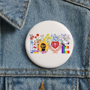 Floral Love Human Rights Women Rights LGBTQ Pin Buttons in 3 Sizes,Progress Pride Rainbow Flag, Gay LGBTQ Lesbian Bisexual Transgender Queer