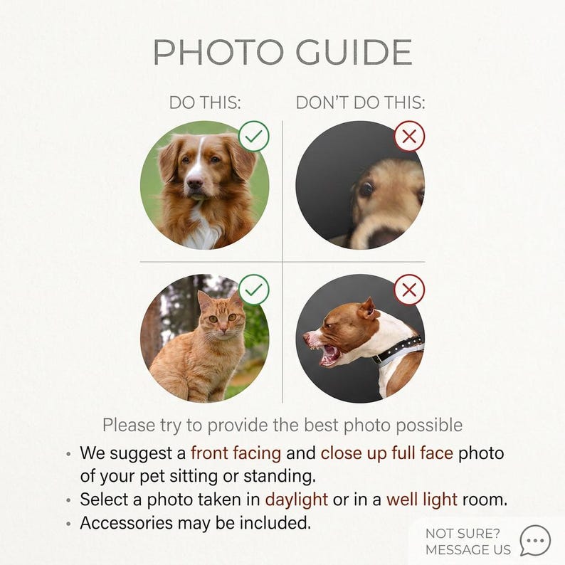 May include: Photo guide with examples of pet photos. The "Do This" section shows a dog and a cat, while the "Don't Do This" section shows a dog with a blurry face and a dog baring its teeth. Text advises on photo quality.
