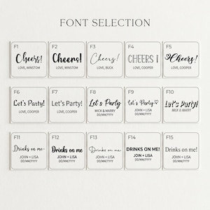 May include: Font selection guide featuring various text styles for personalized event signage. The image displays multiple square tiles with phrases like "Cheers!", "Let's Party!", and "Drinks on me!" in different fonts, along with names and dates.
