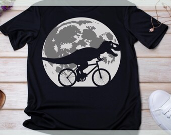 Dino with Bicycle and Moon T-Shirt | Funny Graphic T-shirt for Men | Dino Rider Shirt | Gifts for Men Women