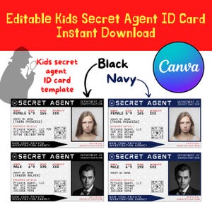 Detective Editable Badge Spy Printable Template Birthday Party Card Secret Agent Name ID Card Pretend Play Game HORIZONTAL VERS.