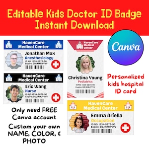 Cartão de identificação de médico infantil editável I Crachá de equipe de hospital para impressão I Modelo de licença editável Canva I Nome de médico de brincadeira de faz de conta para crianças