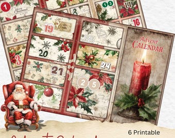 Utskrivbar vintagejuladventskalender: Trifold skräpjournal (digital nedladdning)