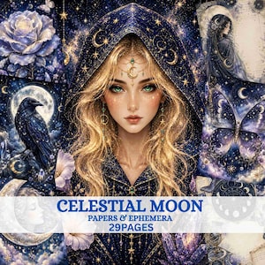 Celestial Moon Junk Journal Pages Printable, Moon, Lunar Scrapbook Paper, Bookmark Ephemera, Tags, Digital Download