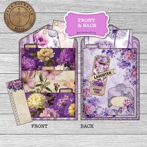 May include: A purple junk journal kit with floral designs and the text "FRONT & BACK". The kit includes a pocket folder, tags, and decorative inserts. The front side features a wooden circle with the text "JUNK JOURNALS BY CAZ".