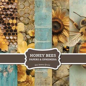 Honey Bees Junk Journal,Printable Ephemera Pages, Sunflower, Bee, Vintage,Scrapbooking Collage Sheet, Mixed Media Paper