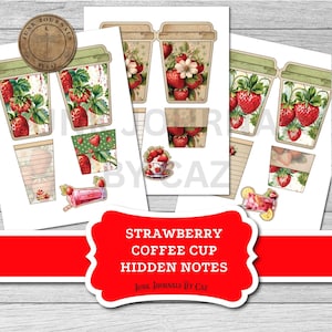 Erdbeer Junk Journal versteckte Notiz druckbare Kaffeetasse Tags, digitaler Download Ephemera, Geschenkkartenhalter, Bastelbedarf