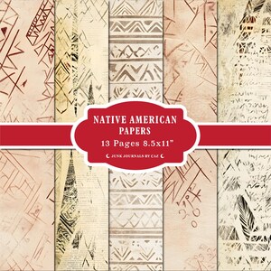 Puede incluir: Un conjunto de 13 páginas de papeles de temática nativa americana, cada una de 21,6 x 27,9 cm. Los papeles presentan diversos patrones y diseños en tonos marrones, beige y rojos. La imagen incluye el texto "Native American Papers".