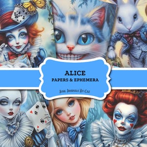 Pages du journal indésirable d'Alice au pays des merveilles, papiers pour collage, bleu, téléchargement imprimable, inspiré des aventures d'Alice, lapin, champignon