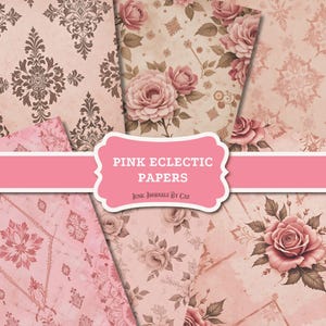 Pink Junk Journal Papers, Printable Scrapbook Papers, Digital Art, Vintage Collage, Craft Supplies