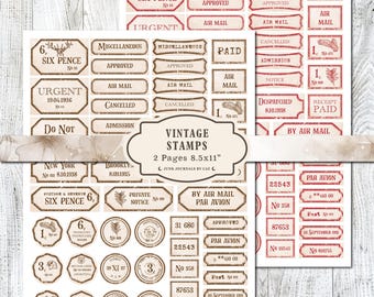 Etiquetas vintage para sellos, ideales para scrapbooking, manualidades y creación de tarjetas retro. Descarga digital instantánea.