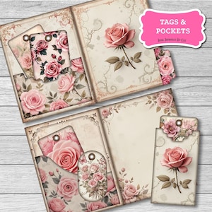Shabby Pink Rose Junk Journal folio Kit, Beginner friendly, Vintage Floral Ephemera, Printable Craft Supplies for Scrapbooking & DIY