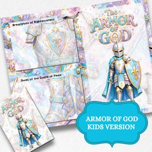 Pode incluir: Uma impressão gráfica de vários painéis intitulada The Armor of God com um cavaleiro em armadura de tons pastel com motivos de flor-de-lis. O design inclui etiquetas para Breastplate of Righteousness e Shoes of the Gospel of Peace.