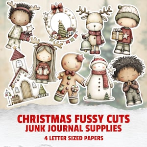 May include: A selection of Christmas-themed fussy cuts, featuring a reindeer, snowman, gingerbread person, and children. The image also includes a Christmas wreath and a church. Text on the image reads "Christmas Fussy Cuts Junk Journal Supplies 4 Letter Sized Papers."