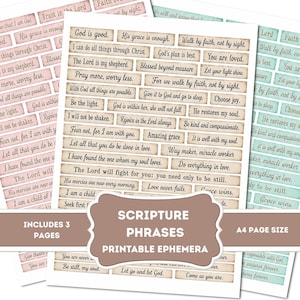 May include: Three A4 pages of printable ephemera featuring rectangular strips with various religious scripture phrases in black text on beige, pink, and light blue backgrounds. A brown overlay banner displays the text SCRIPTURE PHRASES PRINTABLE EPHEMERA.