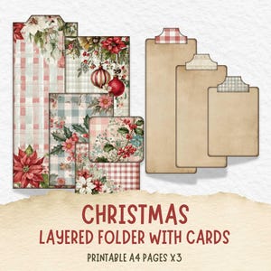 Può includere: Una collezione di creazioni di carta a tema natalizio, tra cui cartelle e biglietti a più strati. I disegni presentano motivi floreali festivi, sfondi a quadri e ornamenti rossi, bianchi e verdi. Il testo recita "CHRISTMAS LAYERED FOLDER WITH CARDS PRINTABLE A4 PAGES X3."