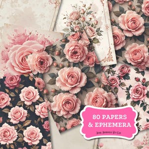 Shabby Pink Rose Junk Journal Kit, Beginner friendly, Vintage Floral Ephemera, Printable Craft Supplies for Scrapbooking & DIY