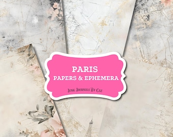 May include: A set of digital papers and ephemera with a Parisian theme. The papers feature a distressed, vintage look with faded colors and textures. The ephemera includes images of the Eiffel Tower, flowers, and other Parisian landmarks. The text "Paris Papers & Ephemera Junk Journals By Caz" is displayed on a pink banner.