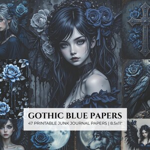 Blue Gothic Junk Journal Papers, Goth Girl, Wolf, Crow (Digital Download)
