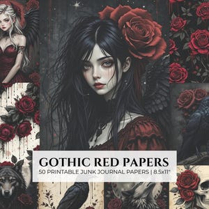 Gothic junk-dagboekpagina's, rode rozen, kraai, maan (digitaal)