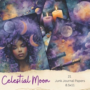 May include: A collection of 21 "Celestial Moon" junk journal papers, 8.5x11 inches, featuring a woman's portrait, moons, planets, and candles. The color palette includes purple, blue, and gold tones, with a celestial theme. The image also includes a telescope.