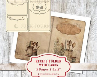 Recipes Junk Journal Digital Paper, Vintage Printable Pages, Scrapbooking Kit, Cooking Ephemera, Craft Supplies