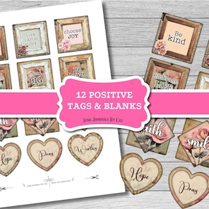 Mots positifs du journal indésirable, phrases inspirantes, documents éphémères imprimables, scrapbooking numérique, étiquettes de journal intime
