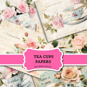 Diario di tazze da tè, carta digitale, clipart stampabili, disegni ad acquerello per scrapbooking