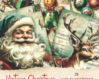 Könnte beinhalten: Vintage Weihnachten Junk-Journal-Papiere. Das Bild zeigt den Weihnachtsmann, einen Lebkuchenmann, ein Rentier und Weihnachtsschmuck. Die Papiere haben eine Vintage-Ästhetik mit einer Mischung aus Farben, darunter Grün, Rot und Braun. Der Text "Vintage Christmas" ist zu sehen.
