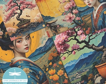 Japanese junk journal, Cherry Blossom Pages, Vintage Printable Ephemera, Digital Scrapbook Kit, Asian Art