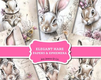 May include: A digital collage sheet featuring illustrations of cute bunnies with floral accents and vintage-inspired backgrounds. The sheet is titled "Elegant Hare Papers & Ephemera" and includes the text "Junk Journals by Caz".