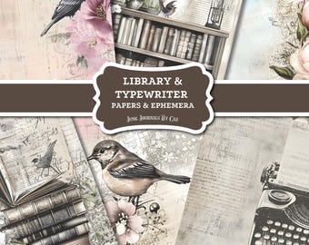 Library Junk Journal digitaal papier, vintage afdrukbare ephemera, plakboekpagina's voor creatieve journaling