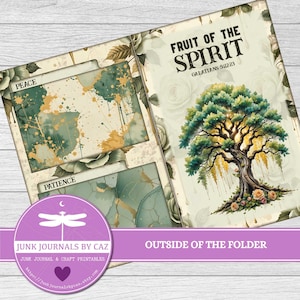 May include: A decorative journal folder with the text "Fruit of the Spirit" and "Galatians 5:22-23" on the cover. The inside features watercolor designs with the words "Peace" and "Patience". The folder is decorated with floral elements.