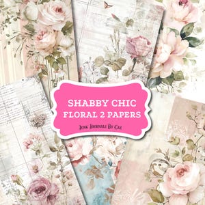 Carta da giornale vintage con motivi floreali rosa shabby chic, materiali per album digitali vintage, pagine di bricolage stampabili