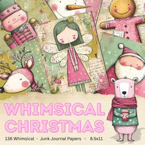 Puede incluir: Un collage de ilustraciones navideñas caprichosas. La imagen presenta un cascanueces, un ciervo, un hada, un muñeco de nieve, un hombre de jengibre, un Papá Noel y un oso. El texto "WHIMSICAL CHRISTMAS" se muestra en letras rosas. La imagen mide 21,59 x 27,94 cm.