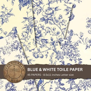 Toile de Jouy Digital Paper: Blue Cream Floral, Chinoiserie (Digital Download)