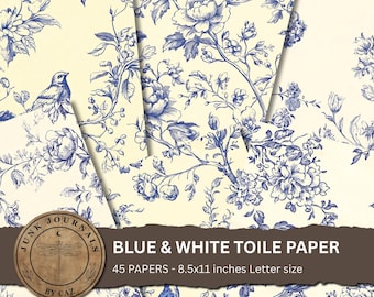 Papier cyfrowy Toile de Jouy: niebiesko-kremowy kwiatowy, Chinoiserie (pobieranie cyfrowe)