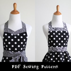 May include: Two aprons on mannequins. One apron has a halter top with a black and white polka dot pattern and a decorative patterned trim. The other apron has a square neckline with the same polka dot pattern and trim. The text "PDF Sewing Pattern" is at the bottom.