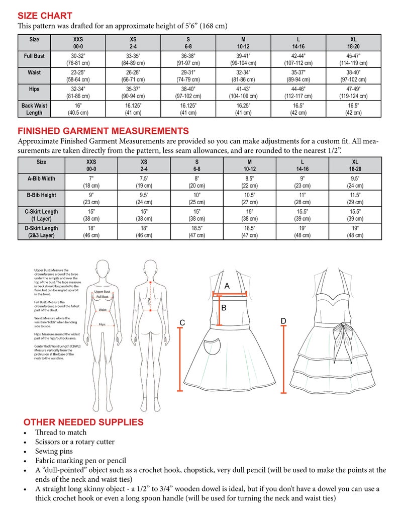 May include: A size chart and garment measurements for a sewing pattern. Includes bust, waist, and hip measurements in inches and centimeters. Also shows diagrams of aprons and a list of needed supplies.