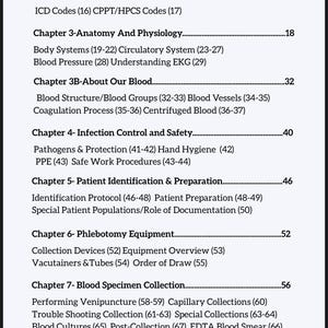 Puede incluir: Tabla de contenidos de un libro de texto m&eacute;dico, con secciones sobre anatom&iacute;a, fisiolog&iacute;a y recogida de muestras de sangre. Texto negro sobre fondo blanco.