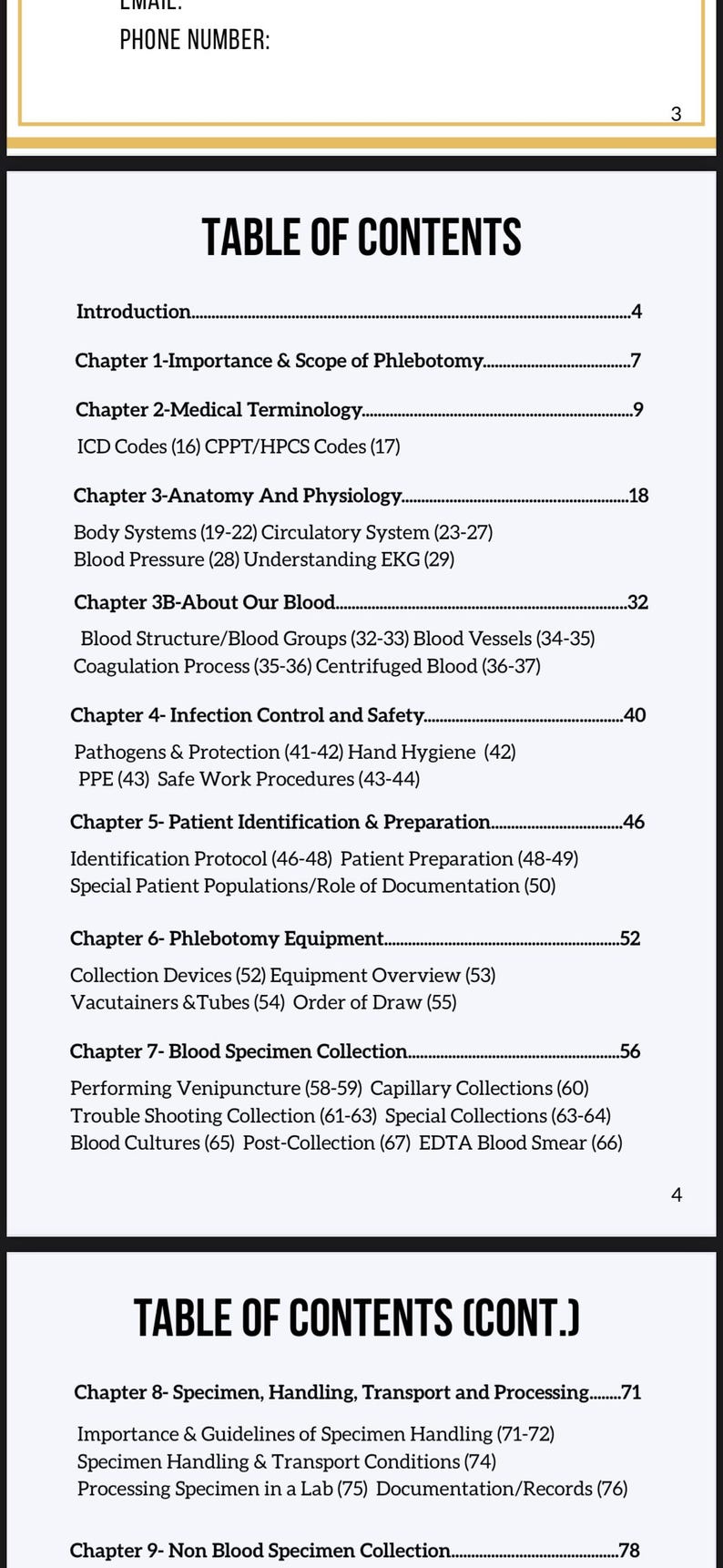 Puede incluir: Tabla de contenidos de un libro de texto m&eacute;dico, con secciones sobre anatom&iacute;a, fisiolog&iacute;a y recogida de muestras de sangre. Texto negro sobre fondo blanco.
